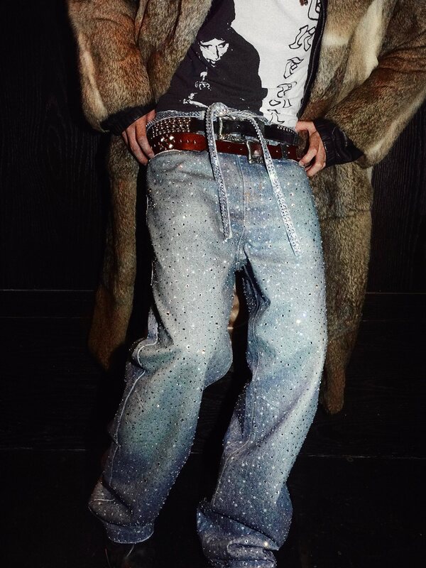 Lisa's Same Style Borc Full Rhinestone Three-Dimensional Printed Loose Straight-Leg Jeans Birthofroyalchild