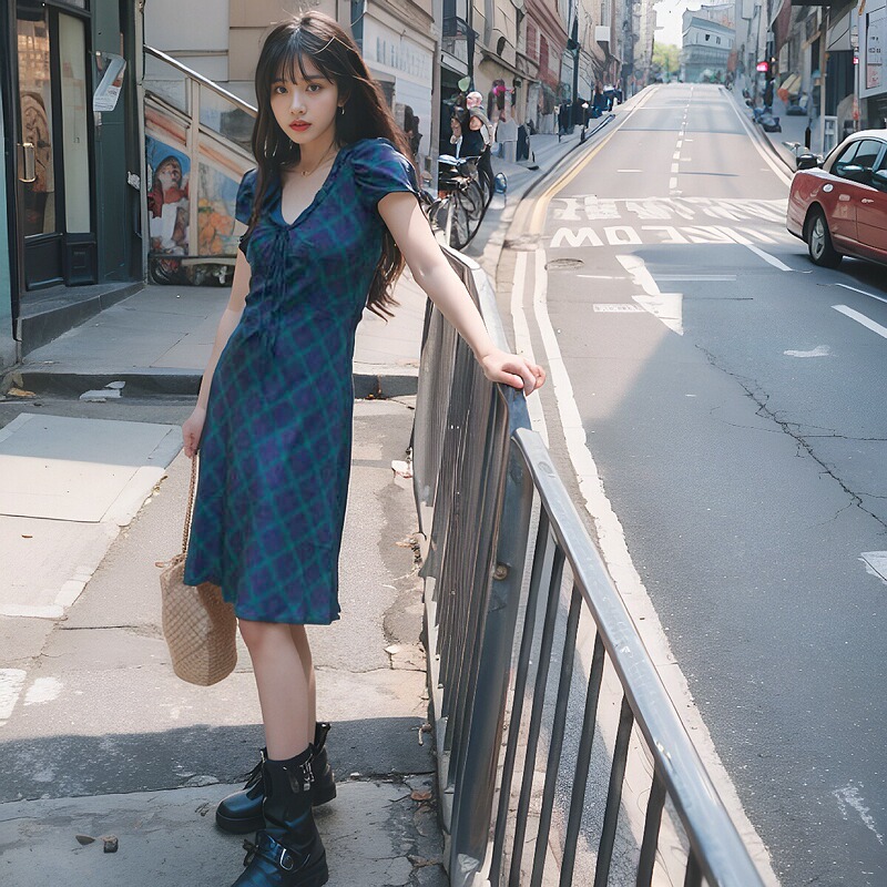 Australian Niche French-Style Blue-Green Plaid Short-Sleeved V-Neck Tie Ruffle Puff Sleeve A-Line Mid-Length Dress