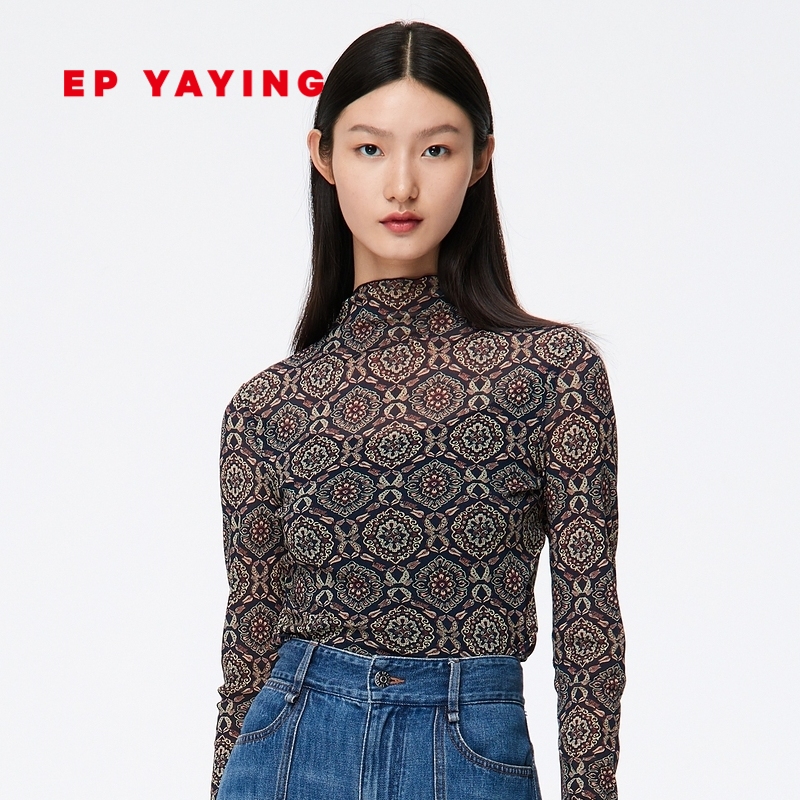 National craze] EP Yaying Women's dress Original Heavy Industries printed half high collar Bottom Shirts Mall the same section 5502A