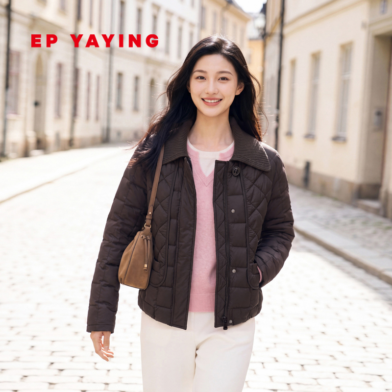 Ep Yaying down Jacket for Women 90% Goose down Turn-Down Collar Knitted Patchwork Coat 2026 Autumn/Winter New Product Y112A Ep Yaying down Jacket for Women 90% Goose down Turn-Down Collar Knitted Patchwork Coat 2026 Autumn/Winter New Product Y112A