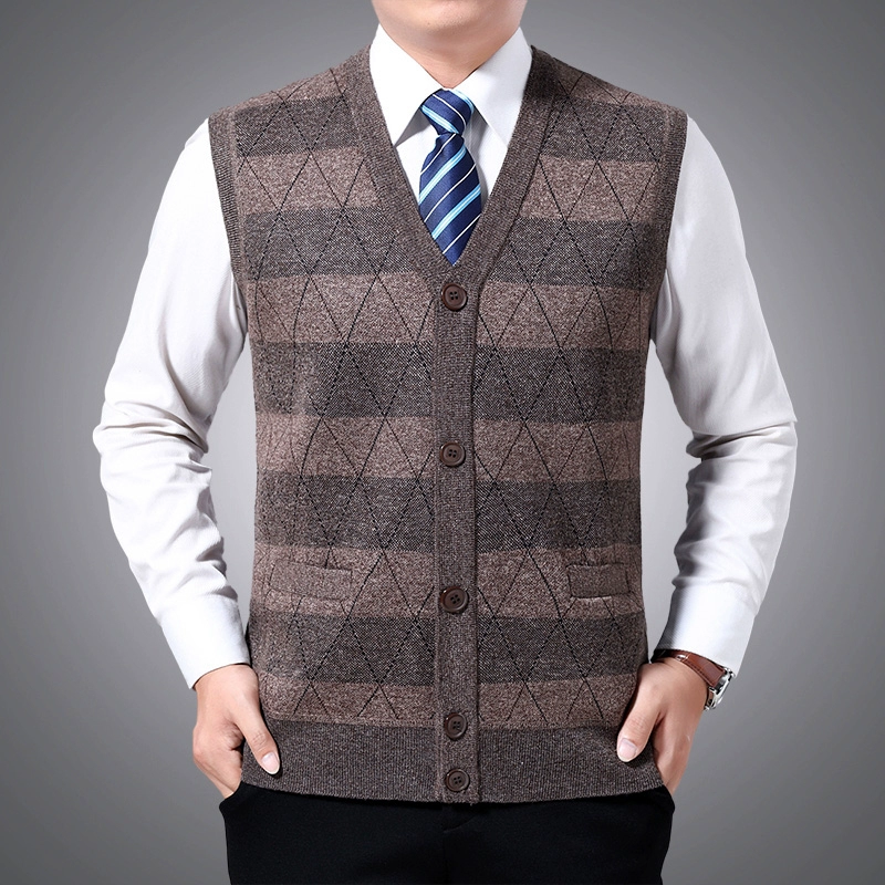 Áo len nam trung niên vest mùa thu và mùa đông V-cổ cha trang phục trung niên áo len dệt kim áo len không tay - Áo vest cotton