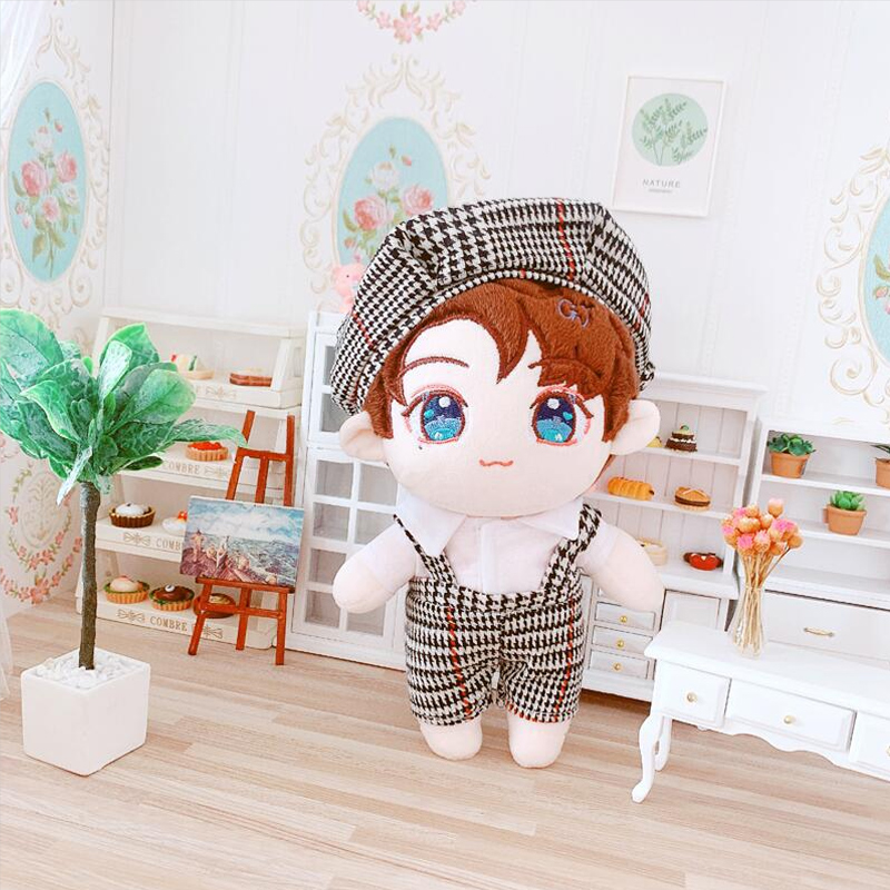 Black Plaid HAT + One Piece Suspendersgoods in stock Zhang zhehan Gong Jun doll 20 centimeter cotton bjd  Star Doll Human form doll clothes girl student gift