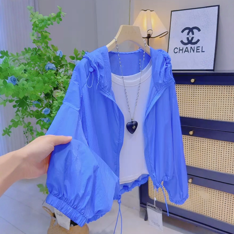 Royal Blue Hooded Long-Sleeved Thin Breathable Sun Protection Shirt for Women, Summer Fashion, French Style, Versatile Thin Jacket