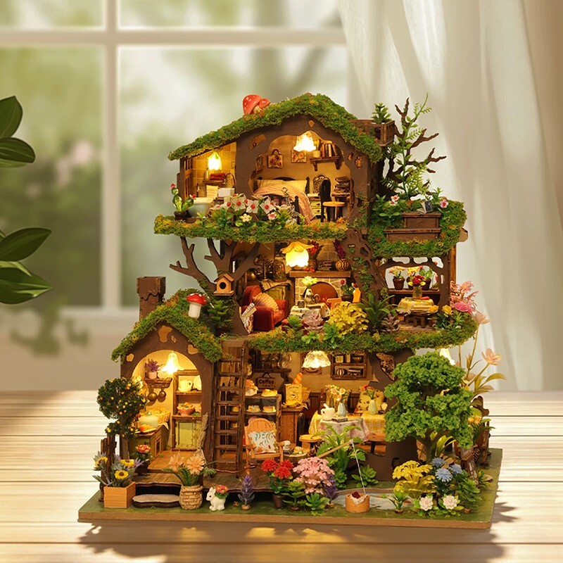 DIY Cabin Time Tree House Hand-Assembled Miniature Model Villa Wooden Building Blocks Toy Ornament Birthday Gift