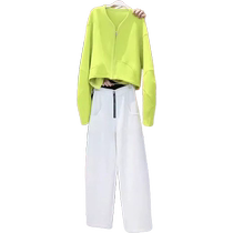 Solid color zipper cardigan sweatshirt for women autumn and Korean atmosphere fashionable and foreign-style high-waisted casual trousers two-piece set