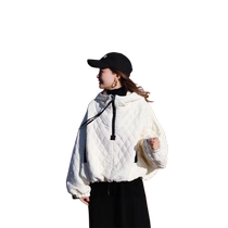 White diamond plaid cotton coat for women 2024 autumn and winter new hooded loose and versatile temperament cotton coat fashionable short jacket