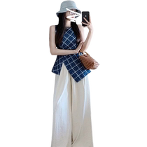 Blue Sleeveless Plaid Vest Womens Summer 2024 New Slit Waist Chic Hot Girl Short Sleeve T-Shirt Top