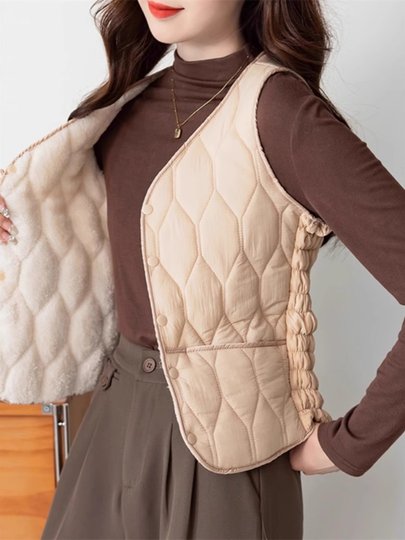 White Cotton Vest for Women, Autumn and Winter, Short Style, Integrated Fleece, Thickened for Warmth, Sandwich Style, Fleece-Lined V-Neck Vest