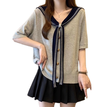 Fake two-piece shawl navy collar ice silk short-sleeved T-shirt for women 2024 new summer college style large size right shoulder top