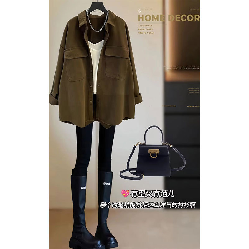 Retro Brown Work Shirt for Women 2026 Spring & Fall New Style Mid-Length Large Size Loose Slimming Look Denim Top Jacket