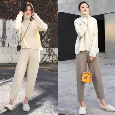 Knitted nine-point Haren pants women's autumn and winter thickened loose lazy casual small feet Luo Bu pants high waist slim grandma pants