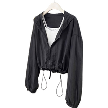 Apricot drawstring sun protection clothing for women 2024 new summer thin design loose short jacket for small people