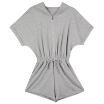 Hong Kong style gray jumpsuit womens autumn encore wear high waist slim casual hooded jumpsuit wide leg pants