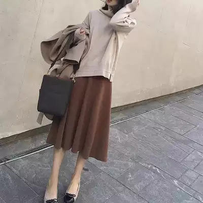 Knitted skirt Korean autumn and winter women's vintage minimalist temperament high waist A- line dress long version over the knee big swing skirt