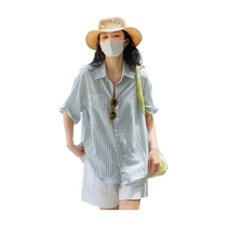 Blue striped sun protection shirt for women 2024 new summer thin lazy style fashionable casual short-sleeved shirt top