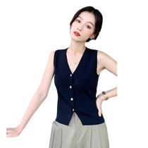 Black V-neck vest for women summer 2024 new French style commuting outer wear ice silk knitted sleeveless top