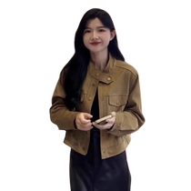 Khaki Stand Collar Jacket Spring and Autumn Powerful Womens Korean Style Atmosphere Wearing Motorcycle Jacket for Small People