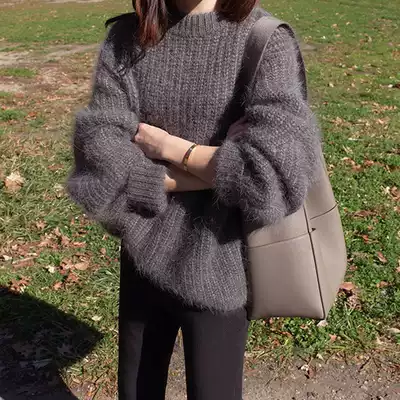 Korean autumn and winter women's retro lazy loose cashmere thickened pullover sweater simple wear plus velvet knit sweater