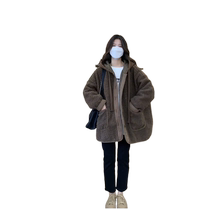 Thickened lamb wool coat for women 2024 winter new Maillard wear loose mid-length cotton hooded top