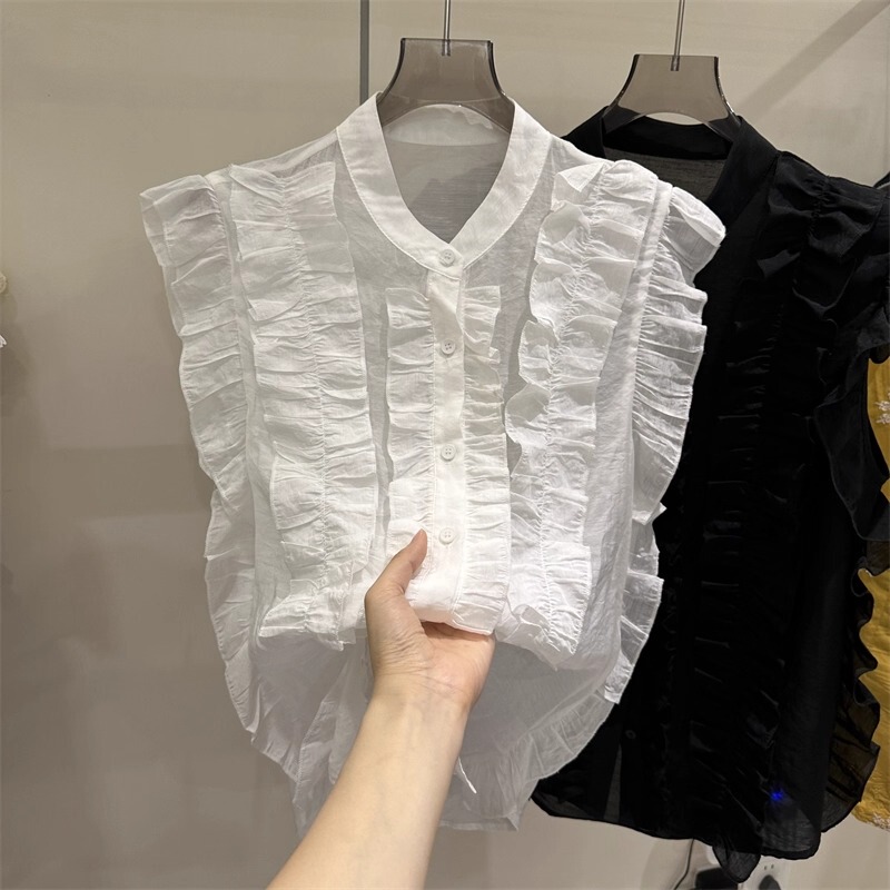 Fungus Edge Shirt Women's Sleeveless Lace Top 2025 Summer New Korean Style Ruffled Stand-Up Collar Small Flying Sleeve Shirt Fungus Edge Shirt Women's Sleeveless Lace Top 2025 Summer New Korean Style Ruffled Stand-Up Collar Small Flying Sleeve Shirt