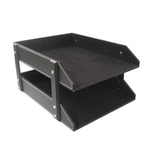 Business office simple book stand black leather double layer A4 file rack Desktop Magazine Book newspaper storage rack basket