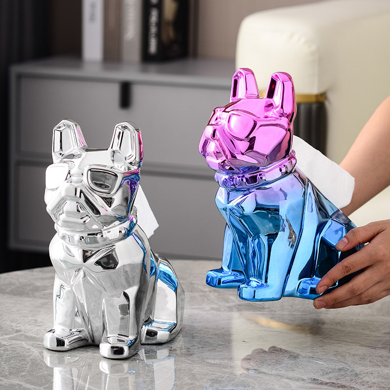 Silver French dog toilet paper box ornaments high-end tissue box light luxury living room high-end ceramic simple modern removable toilet paper