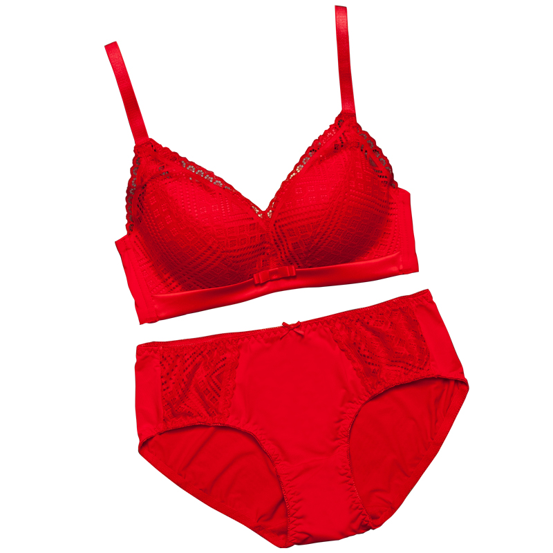 Red phù hợp với đồ lót cưới cô dâu năm áo ngực sexy dày ngực phẳng ngực nhỏ tụ tập mà không cần vòng thép áo ngực.