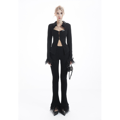 taobao agent 【Xspace】Jqwention ostrich hair, waist, thin knitted cardigan black casual horseshoe pants suit