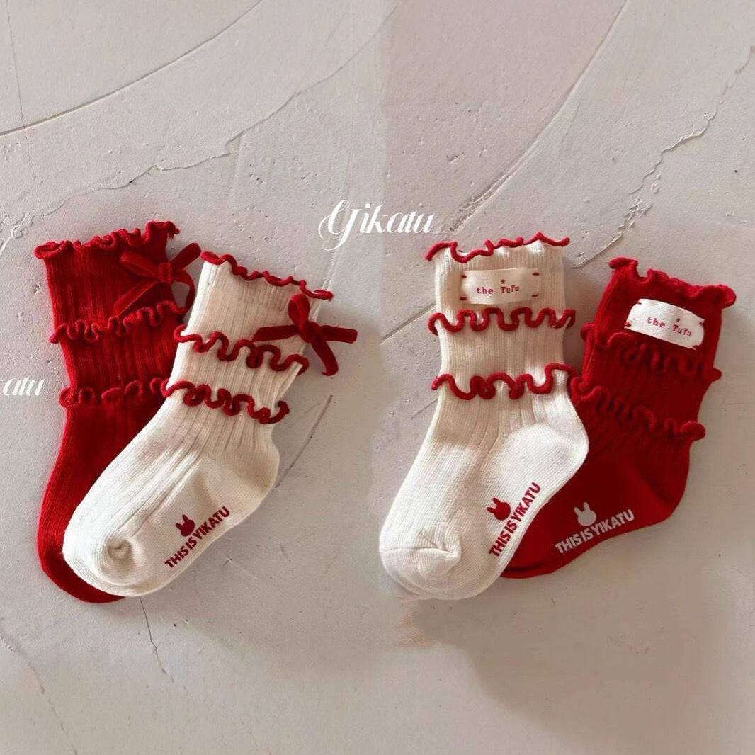 Girls' Autumn and Winter Socks, Mid-Calf Children's Socks, New Year Red Lace Bow Princess Stylish Girl Baby Lace Socks