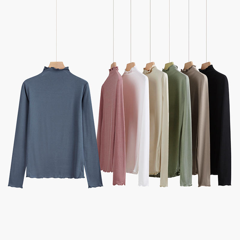 Semi-high collar base shirt Women in autumn and winter 2021 new wooden ear top collar plus velvet long sleeve T-shirt