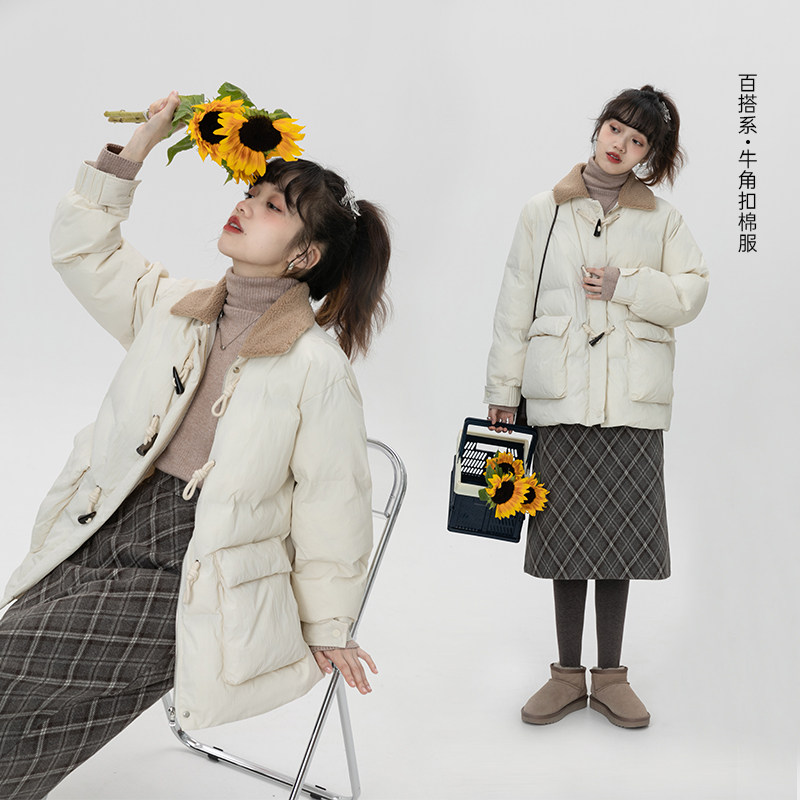 Spot cash Horn Horn Buckle Cotton Suit Woman Thickening Medium Long Version Spring Autumn New Korean Version Small Sub Loose Cotton Coat Jacket