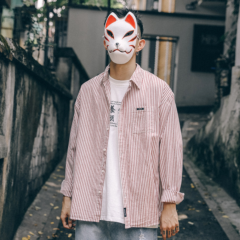 The whole village Japanese Harajuku style vertical striped shirt men's spring long-sleeved loose tide brand shirt casual thin section all-match