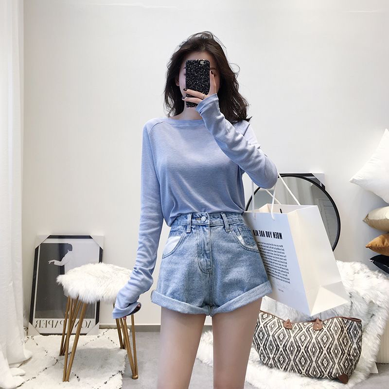 夏新款冰丝轻薄防晒衣女韩版性感长袖薄款罩衫透气套头t恤空调衫