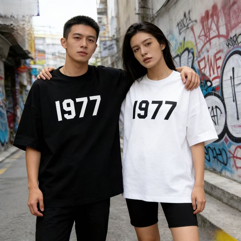 Essentials Sfruit Trendy High Street 1977 Flocked Number Short-Sleeve Fog American-Style Loose Unisex T-Shirt
