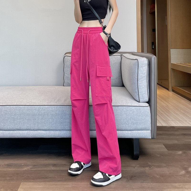 Workwear-Style Women's Pants 2026 New Summer Rose Red Thin Ice Silk Wide-Leg Straight Casual Hiking Sports Pants