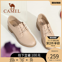 Camel 2022 Spring and Autumn New Womens Shoes Leather Lace Low Heel Fashion Deep Mouth Single Shoes Womens British Style Small Leather Shoes