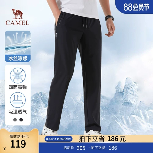 Шелковые летние дышащие эластичные черные спортивные штаны, свободный прямой крой