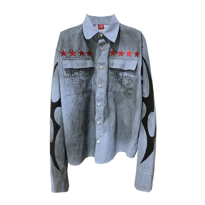 Detw 25Ss*《Red Star》Original Washed and Distressed Blue Striped Shirt with a Casual, Lazy, and High-End Feel