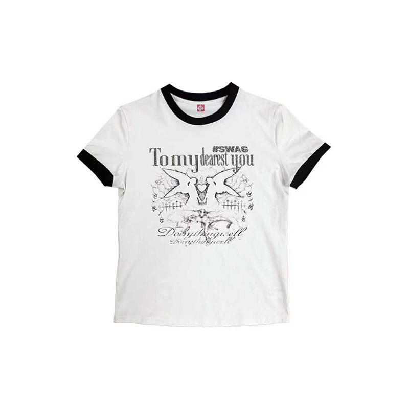 Detw "Love Angel" Black and White Contrast Brushed Cotton Patchwork Ribbed Slogan Rhinestone Shoulder Round Neck T-Shirt for Men and Women