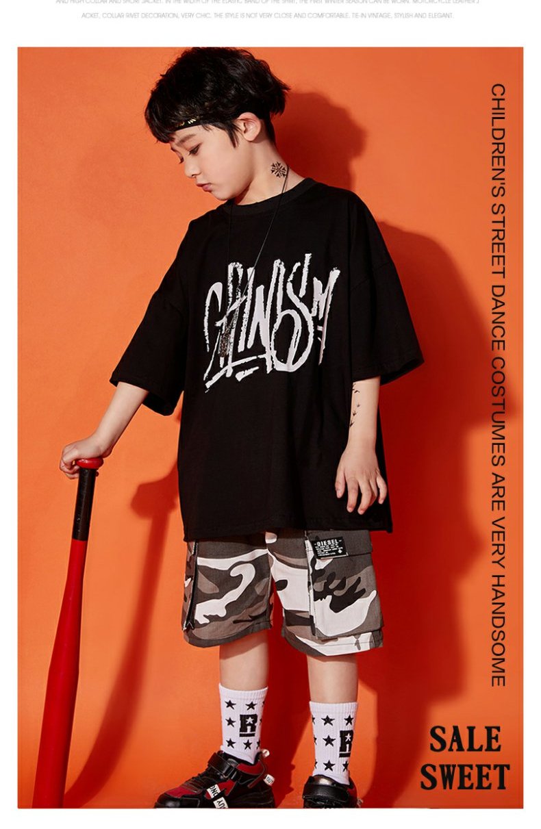 Trẻ em hip hop ngắn tay thủy triều thương hiệu quần ngụy trang phù hợp với bé trai trang phục khiêu vũ đường phố mùa hè cô gái nhảy jazz quần áo biểu diễn - Trang phục shop quần áo trẻ em gần đây