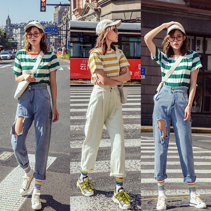 Rainbow Socks Female Midbarrel Socks Ins Chauts Nets Red students sports striped socks Spring and autumn 100 hitch