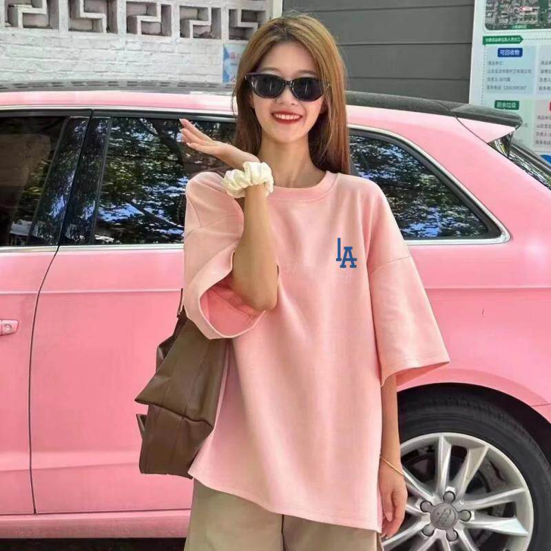 LA短袖T恤男女情侣落肩袖宽松百搭印花上衣白色