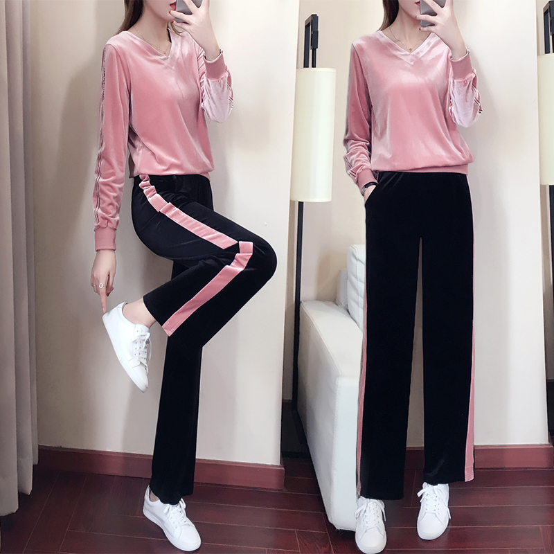 Spring and autumn clothing casual sports gold velvet wide-leg pants suit women's fashion two-piece suit 2022 new loose Korean version