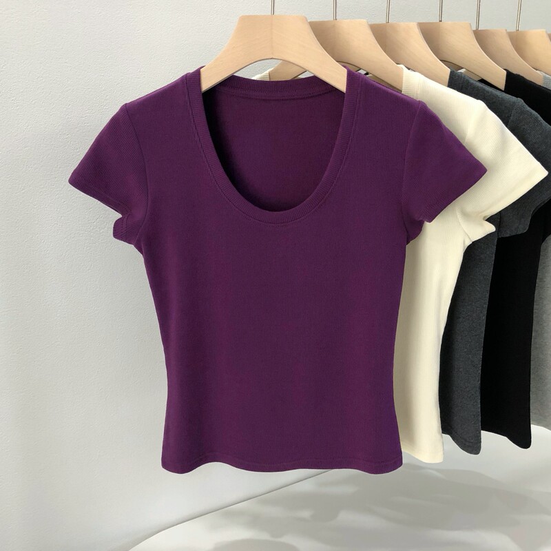 U-Neck Regular Shoulder Short-Sleeve T-Shirt for Women, Slim Fit, 2026 Summer New Style, Short Pure Cotton Knitted Ribbed Elastic Top, Slimming Effect
