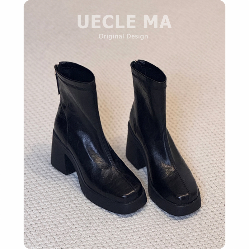 Cowhide Version ~ Height-Increasing Thick-Soled Short Boots for Women, High Heels for Petite Figures, Chunky Heel Martin Boots, French Square-Toe Slim Boots Cowhide Version ~ Height-Increasing Thick-Soled Short Boots for Women, High Heels for Petite Figures, Chunky Heel Martin Boots, French Square-Toe Slim Boots