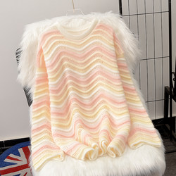 Lazy style rainbow soft waxy mohair sweater women's spring new top fashionable high-end contrast color sweater thick