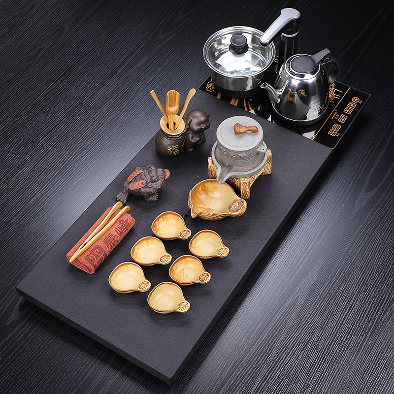 HaoFeng violet arenaceous kung fu tea tea set suit household sharply stone tea tray was solid wood tea tea teapot teacup