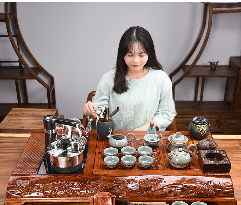 HaoFeng kung fu tea set of a complete set of ceramic tea sets automatic four hua limu tea tray and electric heating furnace is contracted