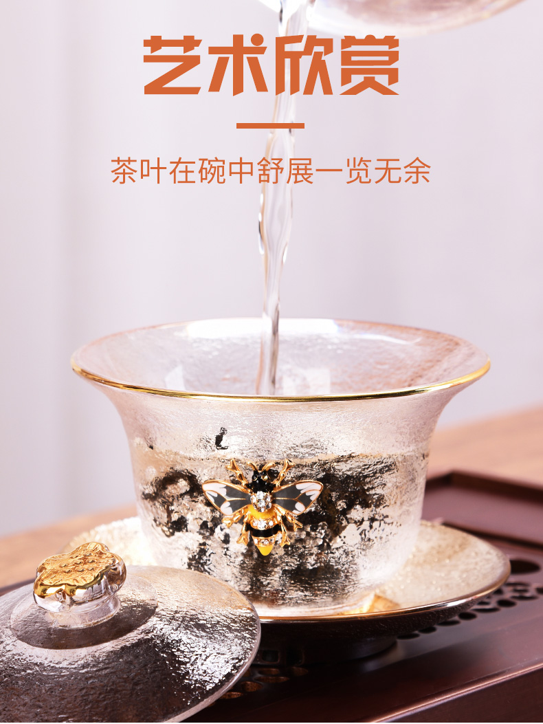 HaoFeng heat - resistant glass tureen large transparent kung fu tea set cover suit single thickening to use only three cups of tea