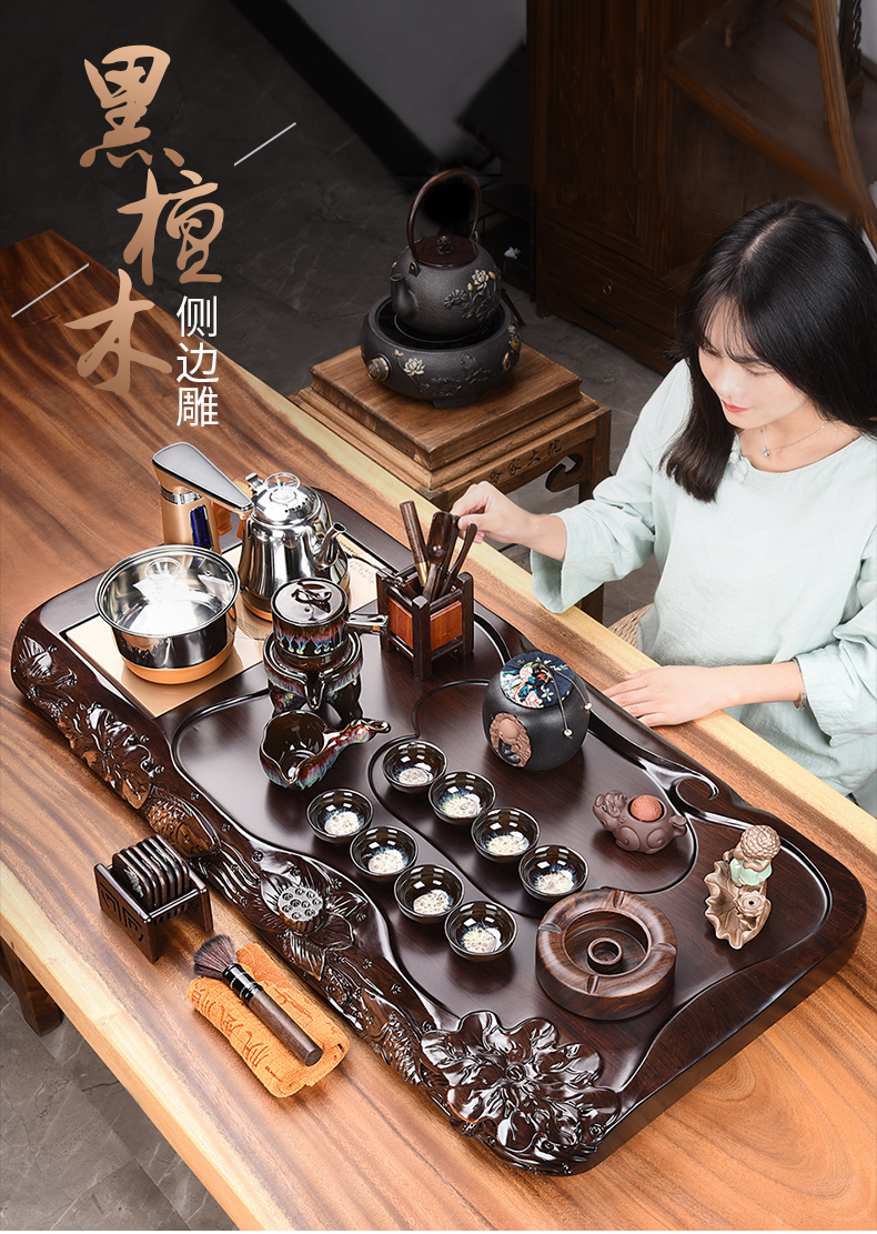 HaoFeng violet arenaceous kung fu tea set suit household contracted ebony wood tea tray of a complete set of tea tea teapot